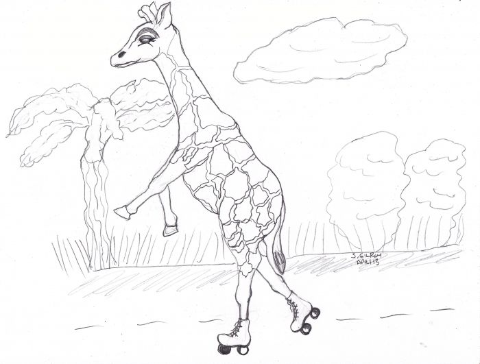 Roller skating giraffe by Sally Gilroy